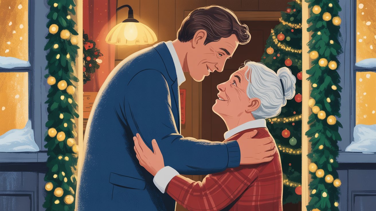 Illustration von Mutter und Sohn bei der Begrüßung vor einem Weihnachtsbaum; Privatdetektei Berlin, Privatdetektiv Berlin, Detektei Irland, Detektiv Irland