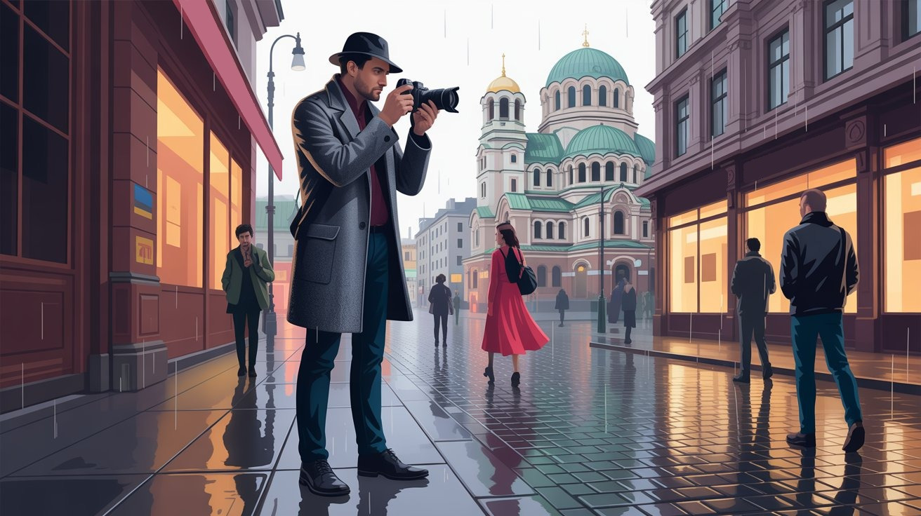 Illustrierte Szene eines Detektivs mit Kamera in Sofia (Bulgarien) mit der Alexander-Newski-Kathedrale im Hintergrund; Detektei Sofia (Bulgarien), Detektiv Sofia (Bulgarien), Privatdetektiv Sofia (Bulgarien), Privatdetektei Sofia (Bulgarien)