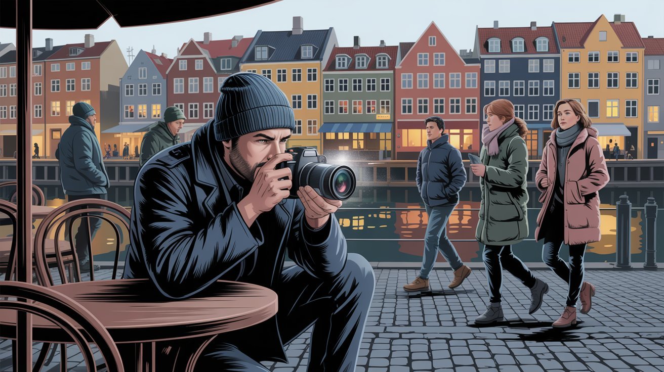 Illustrierte Szene eines Detektivs mit Kamera in Kopenhagen (Dänemark); Detektei Kopenhagen (Dänemark), Detektiv Kopenhagen (Dänemark), Privatdetektiv Kopenhagen (Dänemark), Privatdetektei Kopenhagen (Dänemark)