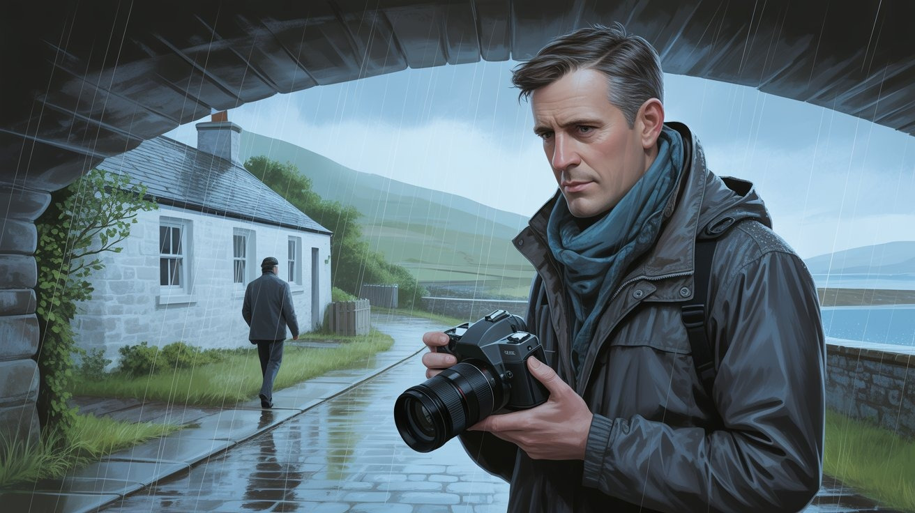 Illustrated scene of a detective with a camera on the Isle of Jura (Scotland, United Kingdom); Detective Agency Isle of Jura (Scotland, Great Britain), Detective Isle of Jura (Scotland, Great Britain), Private Detective Isle of Jura (Scotland, Great Britain), Private Detective Agency Isle of Jura (Scotland, Great Britain)