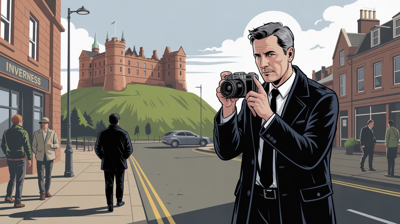 Illustrierte Szene eines Detektivs mit Kamera in Inverness (Schottland, Vereinigtes Königreich) mit Inverness Castle im Hintergrund; Detektei Inverness (Schottland, Vereinigtes Königreich), Detektiv Inverness (Schottland, Vereinigtes Königreich), Privatdetektiv Inverness (Schottland, Vereinigtes Königreich), Privatdetektei Inverness (Schottland, Vereinigtes Königreich)