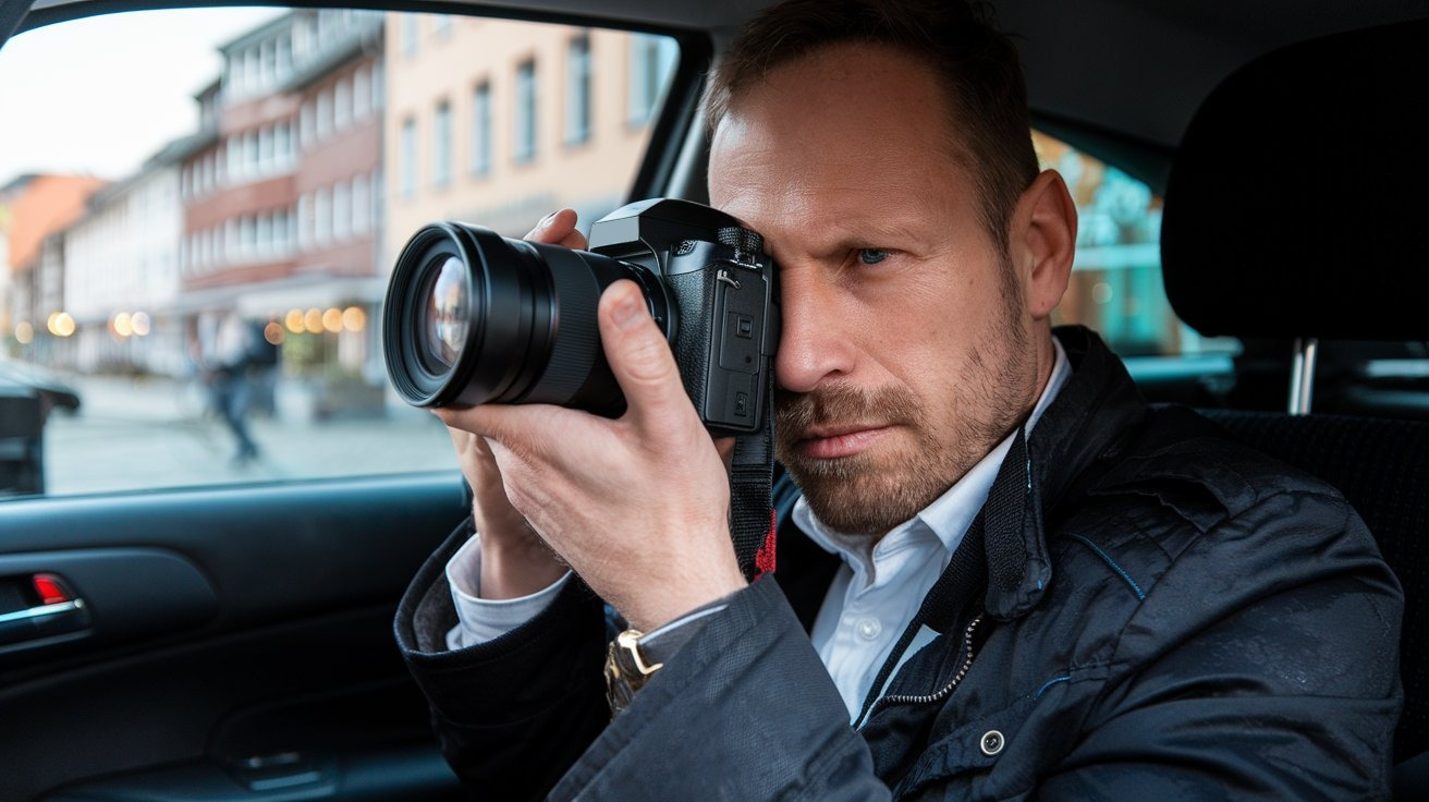 Private detective with camera in car during surveillance in Gothenburg, Sweden; Detective Agency Gothenburg (Sweden), Detective Gothenburg (Sweden), Private Detective Gothenburg (Sweden), Private Detective Agency Gothenburg (Sweden)