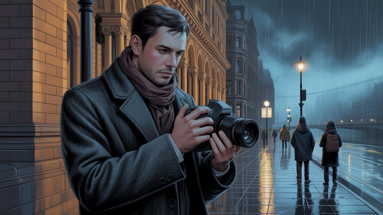 Illustrierte abendliche Szene eines Detektivs mit Kamera in Glasgow (Schottland, Großbritannien) bei Regen; Detektei Glasgow (Schottland, Großbritannien), Detektiv Glasgow (Schottland, Großbritannien), Privatdetektiv Glasgow (Schottland, Großbritannien), Privatdetektei Glasgow (Schottland, Großbritannien)