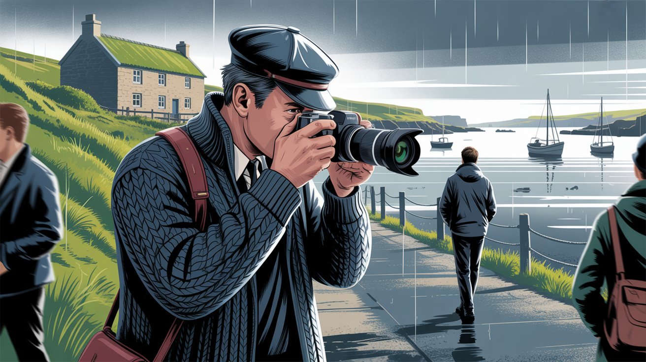 Illustrierte Szene eines Detektivs mit Kamera an der Küste in Shetland (Schottland, Vereinigtes Königreich) bei Regen; Detektei Shetland (Schottland, Vereinigtes Königreich), Detektiv Shetland (Schottland, Vereinigtes Königreich), Privatdetektiv Shetland (Schottland, Vereinigtes Königreich), Privatdetektei Shetland (Schottland, Vereinigtes Königreich)