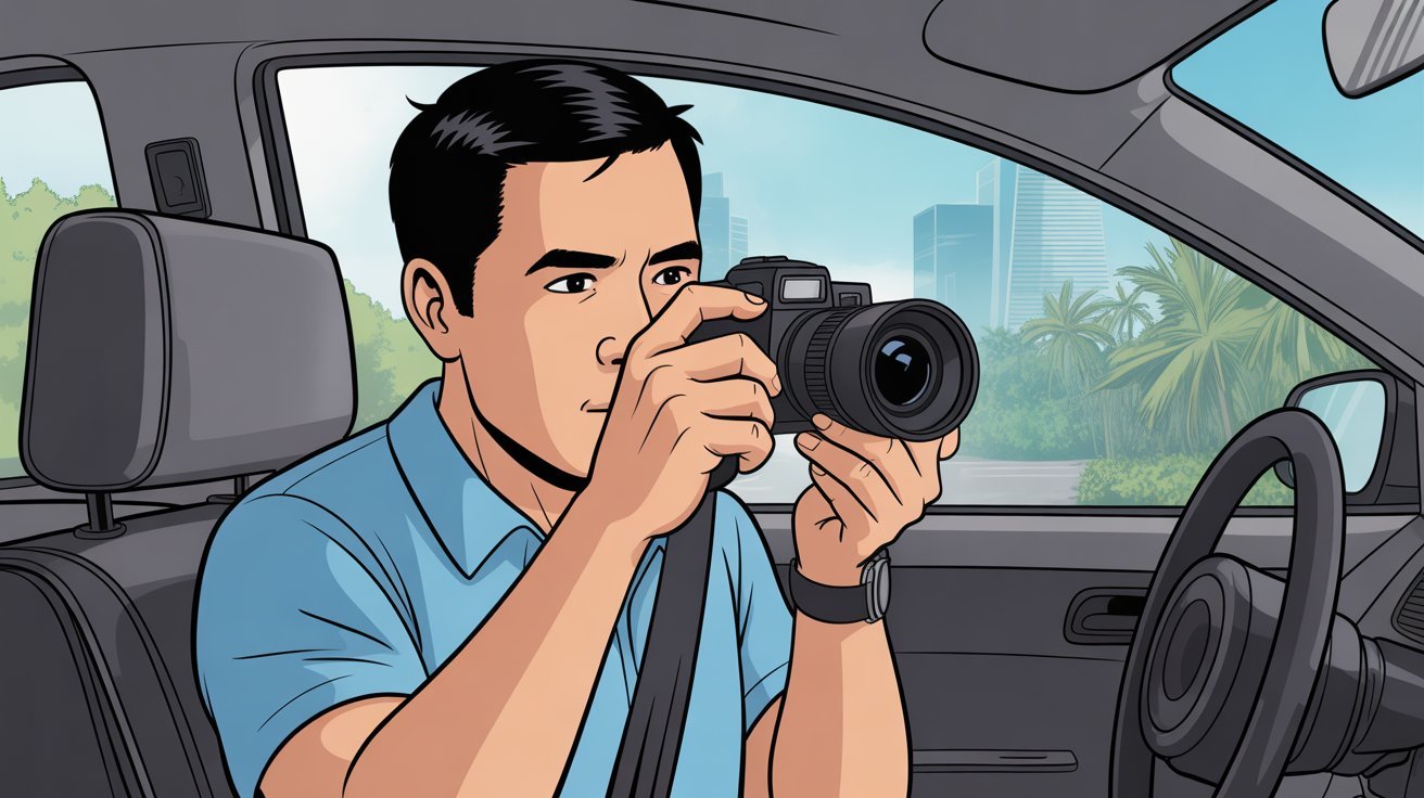 Comic-Detektiv auf den Philippinen mit Kamera im Auto; Detektei Philippinen, Detektiv Philippinen, Privatdetektiv Philippinen, Privatdetektei Philippinen