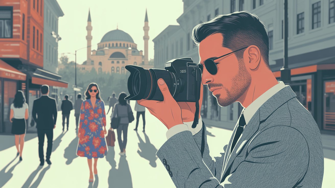 Illustrierte Szene eines Detektivs mit Kamera in Ankara mit der Kocatepe-Moschee im Hintergrund; Detektei Ankara (Türkei), Detektiv Ankara (Türkei), Privatdetektiv Ankara (Türkei), Privatdetektei Ankara (Türkei)