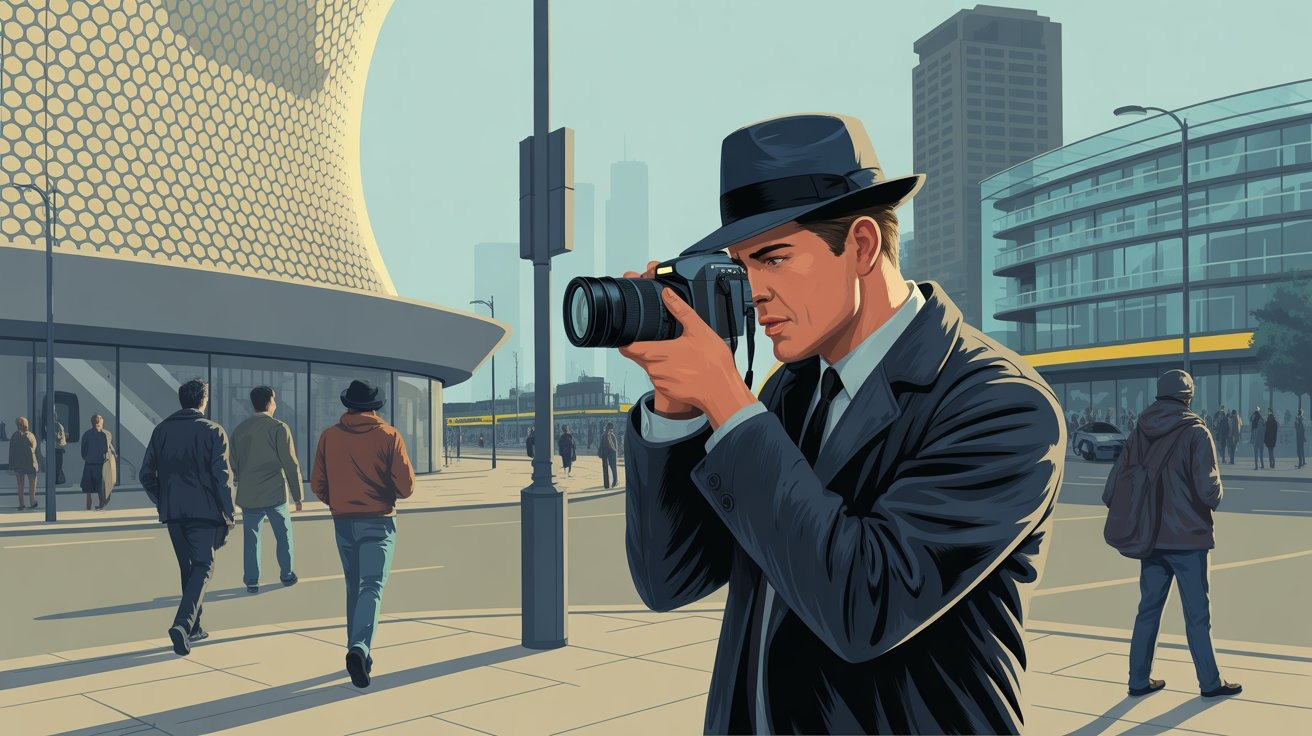 Illustrated scene of a detective with a camera in Birmingham (England, UK) in front of the Selfridges Mall; Detective Agency Birmingham (England, UK), Detective Birmingham (England, UK), Private Detective Birmingham (England, UK), Private Detective Agency Birmingham (England, UK)